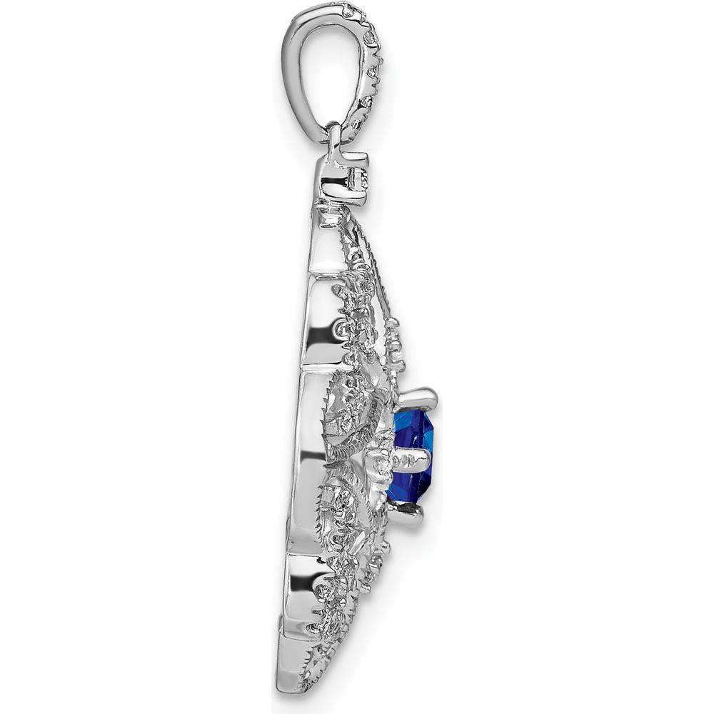 14K White Gold Vintage Filigree Pendant with Round Sapphire and Diamonds - 0.34 Carat Sapphire, 0.092 Carat Diamond Total Weight by Lumare Gioia