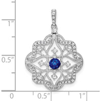 14K White Gold Vintage Filigree Pendant with Round Sapphire and Diamonds - 0.34 Carat Sapphire, 0.092 Carat Diamond Total Weight by Lumare Gioia