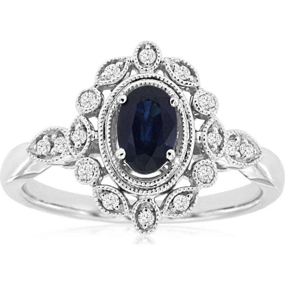 14K White Gold Vintage Floral Halo Ring with Oval Sapphire and Round Diamonds - 0.65 Carat Sapphire and 0.13 Carat Total Diamond Weight - Royal Jewelry