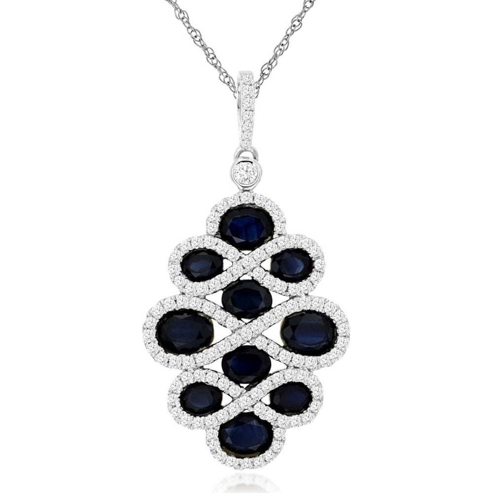 14K White Gold Vintage Infinity Halo Pendant with Oval Sapphires and Round Diamonds - 2.30 Carat Total Sapphire Weight and 0.55 Carat Total Diamond Weight - Royal Jewelry