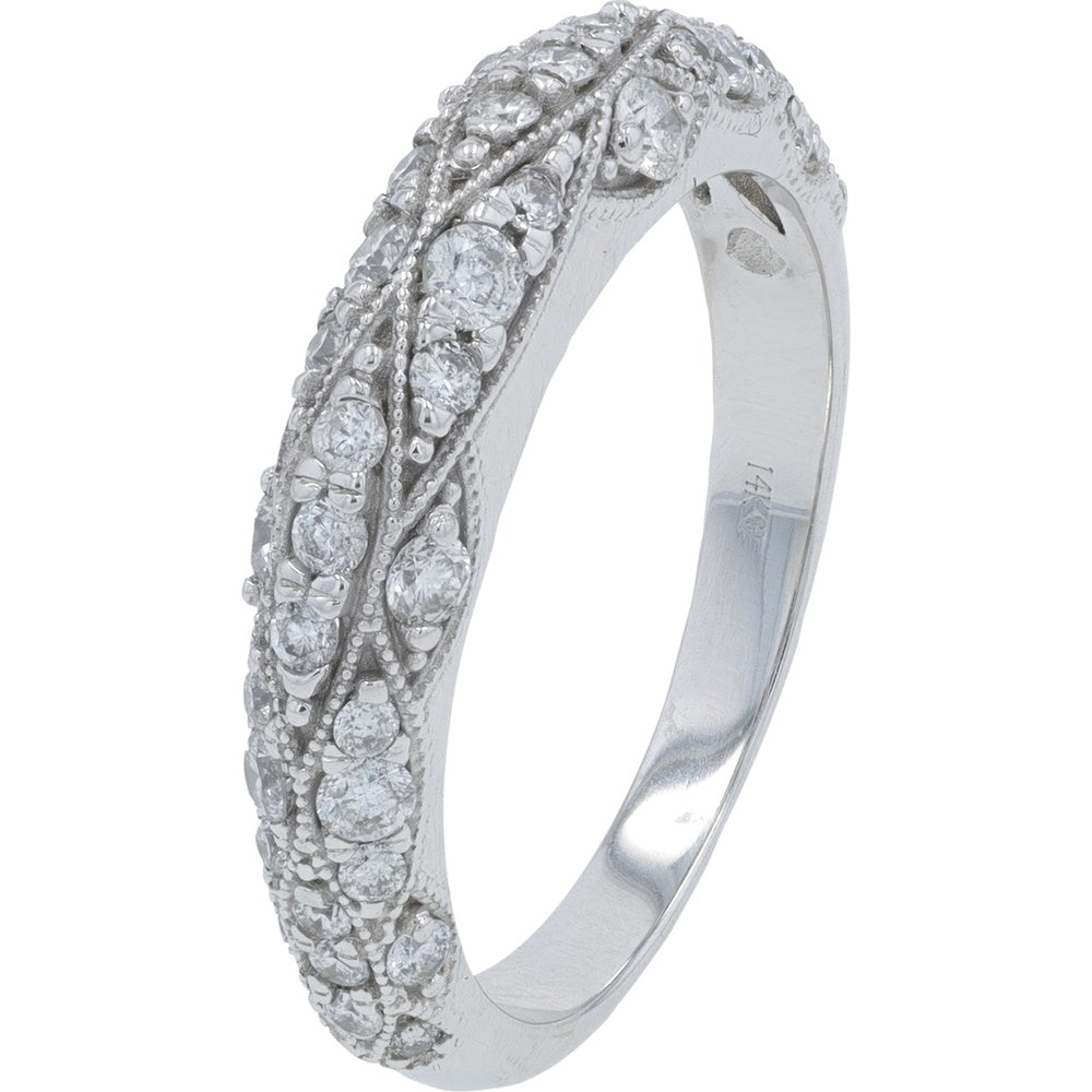 14K White Gold Vintage-Inspired Band with Milgrain-Edged Round Diamonds - 0.75 Carat Total Diamond Weight