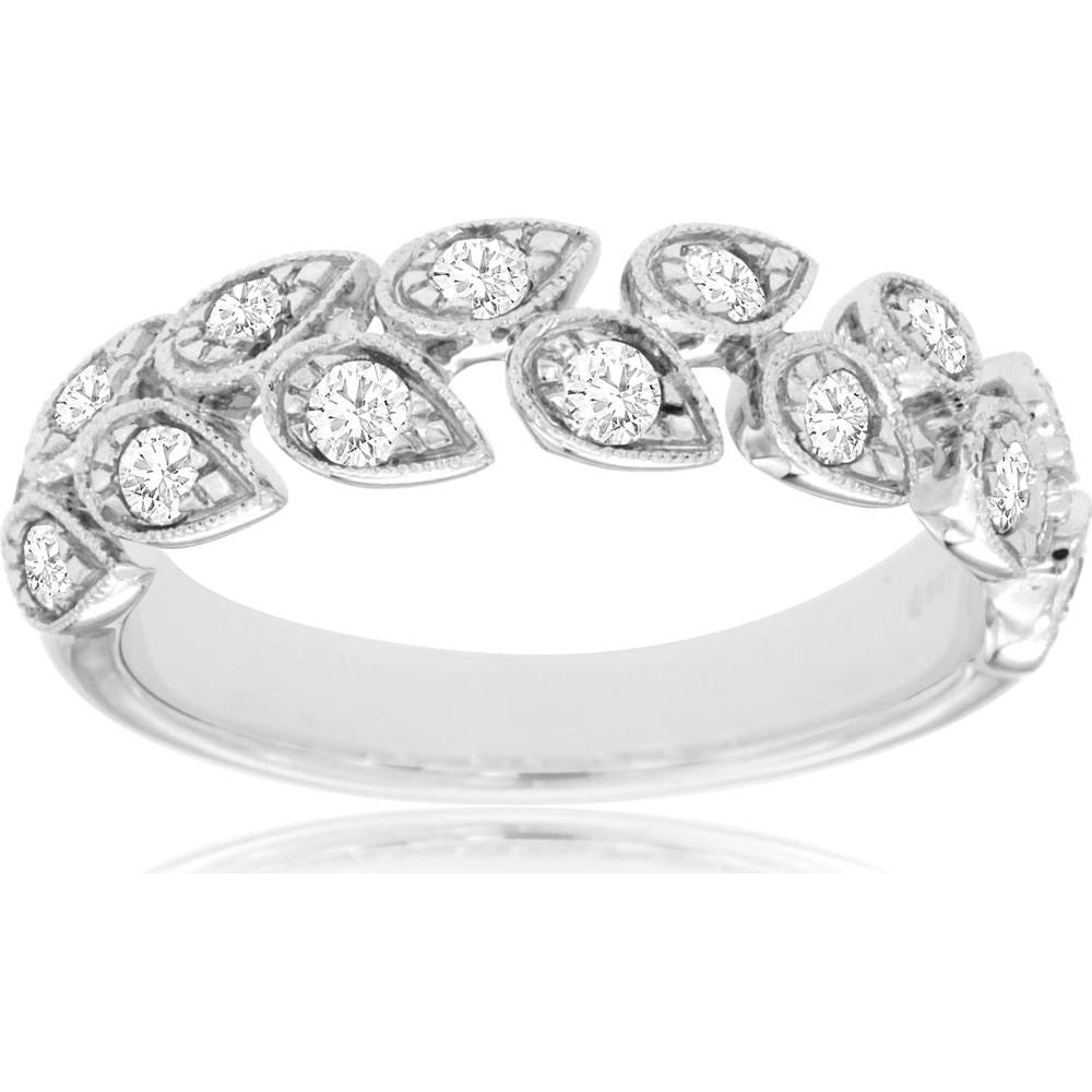 14K White Gold Vintage-Inspired Diamond Band with Pear-Shaped Milgrain Settings and Brilliant Cut Round Diamonds - 0.50 Total Carat Weight - Royal Jewelry