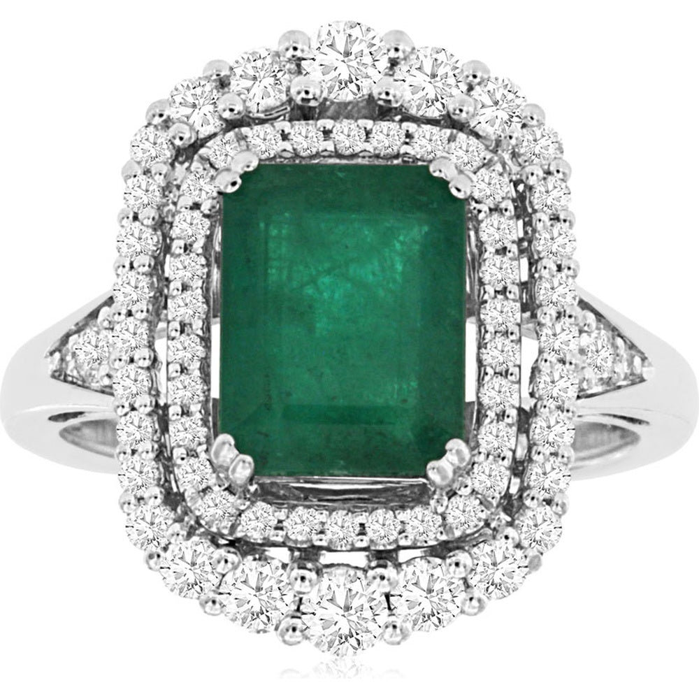 14K White Gold Vintage-Inspired Double Halo Ring with 2.15 Carat Octagonal Emerald and 0.75 Carat Total Round Diamonds - Royal Jewelry