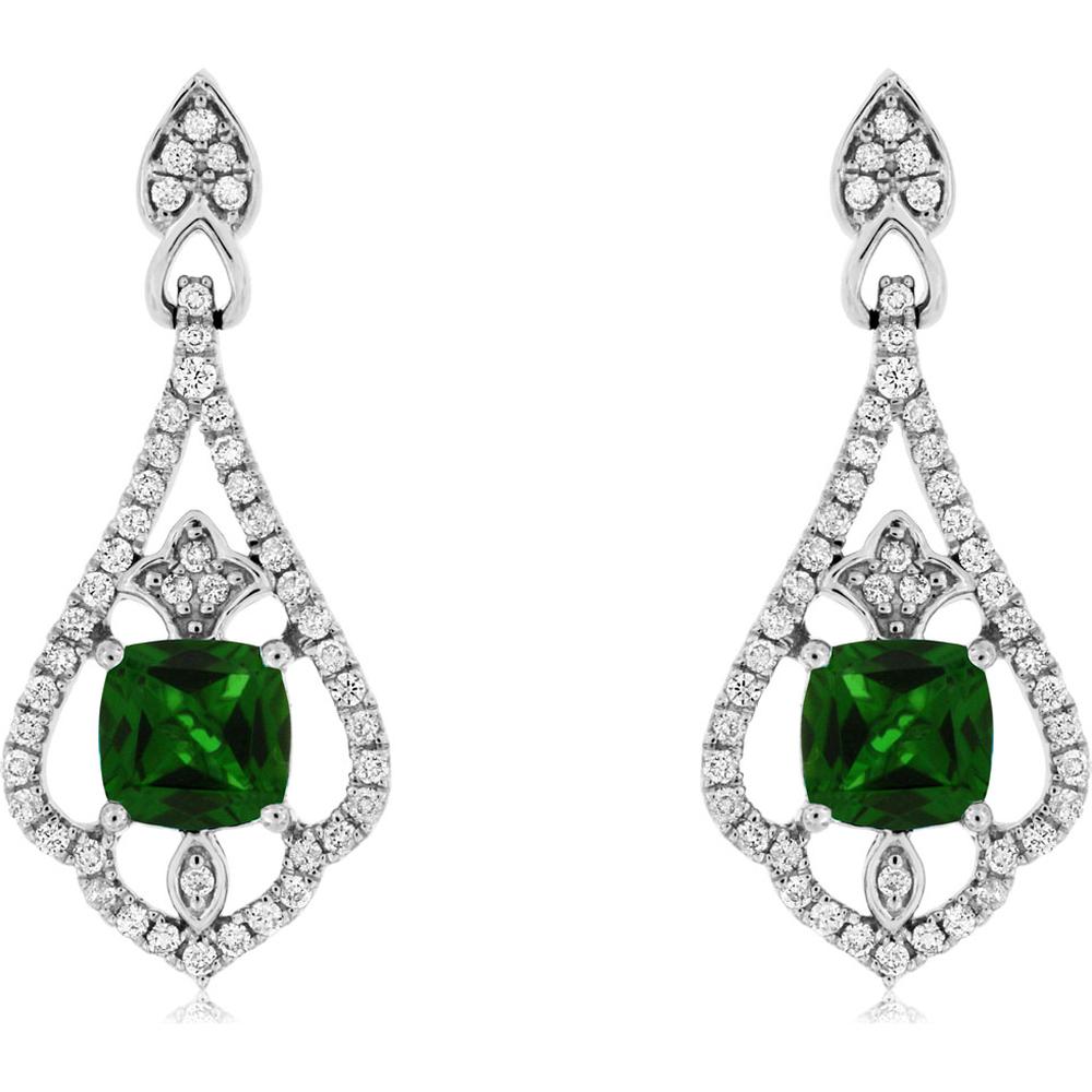 14K White Gold Vintage-Inspired Drop Earrings with Cushion Cut Russalite and Round Diamond Accents – 1.20 Carat Total Russalite Weight, 0.38 Carat Total Diamond Weight - Royal Jewelry