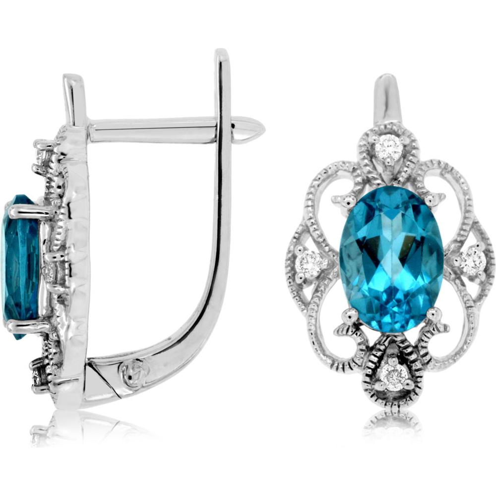 14K White Gold Vintage-Inspired Drop Earrings with Oval Blue Topaz and Diamond Accents - 1.85 Carat Total Topaz Weight, 0.08 Carat Total Diamond Weight - Royal Jewelry