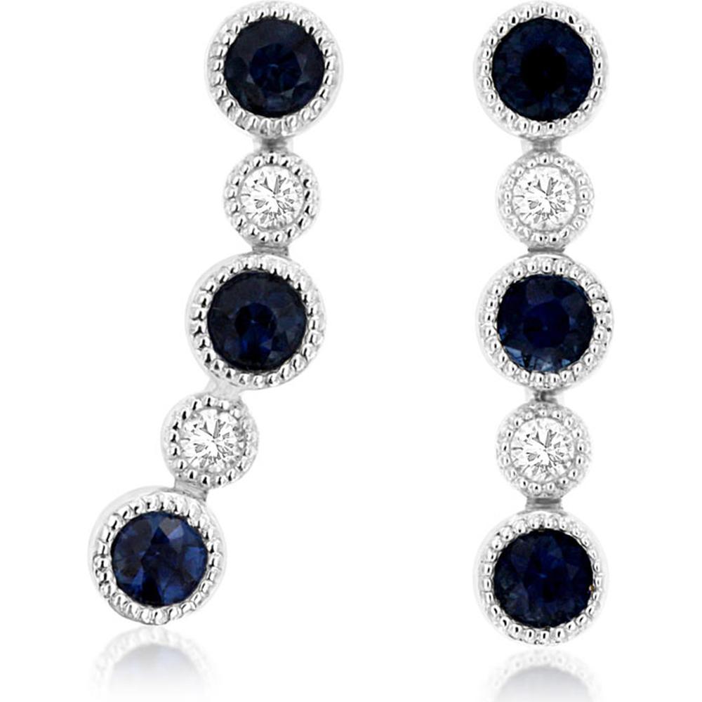 14K White Gold Vintage-Inspired Drop Earrings with Round Sapphires and Round Diamonds - 0.60 Carat Total Sapphire Weight, 0.08 Carat Total Diamond Weight - Royal Jewelry