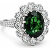 14K White Gold Vintage-Inspired Floral Halo Ring with Oval Green Tourmaline and Round Diamonds - 4.95 Carat Green Tourmaline and 1.50 Carat Total Diamond Weight by Auriventus