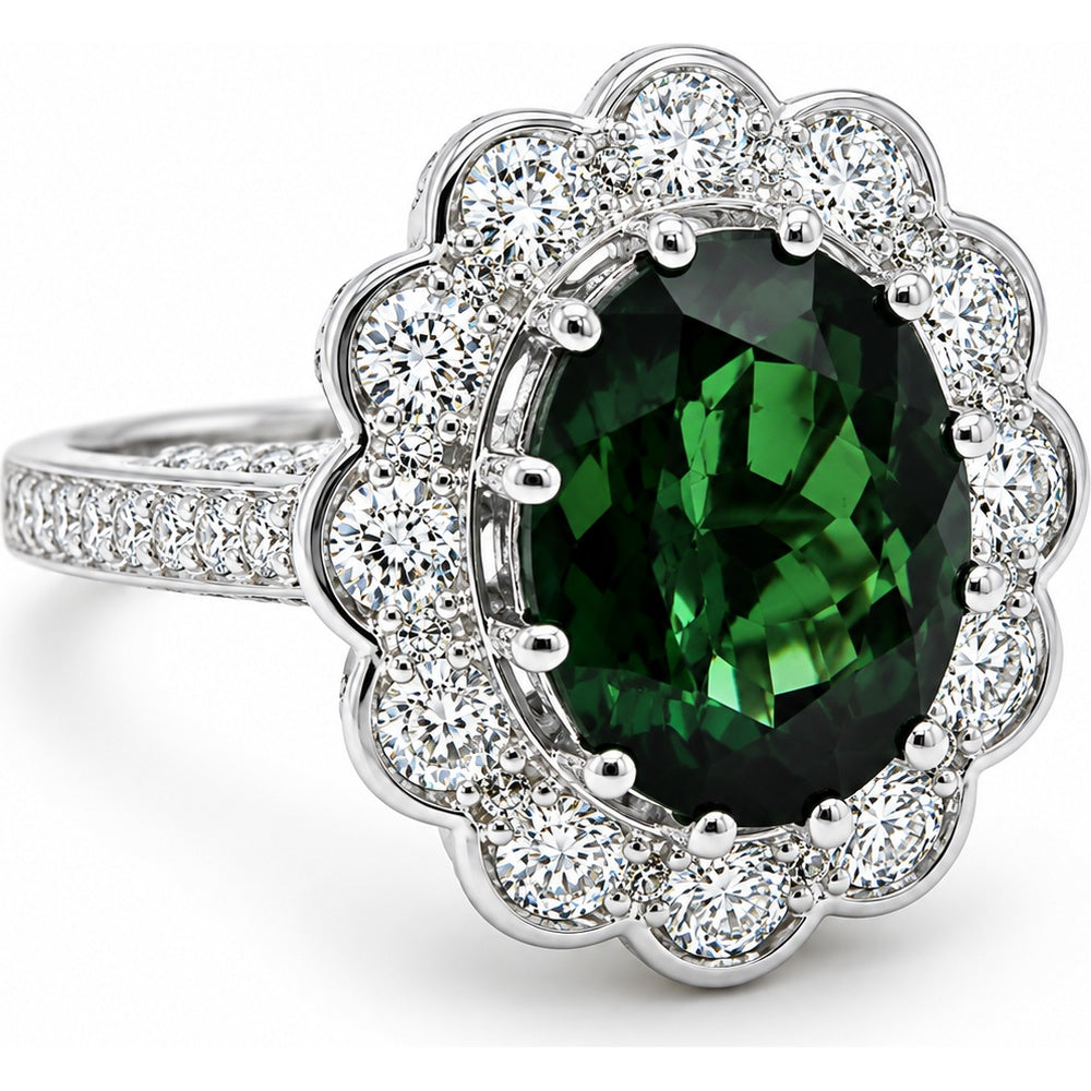 14K White Gold Vintage-Inspired Floral Halo Ring with Oval Green Tourmaline and Round Diamonds - 4.95 Carat Green Tourmaline and 1.50 Carat Total Diamond Weight by Auriventus