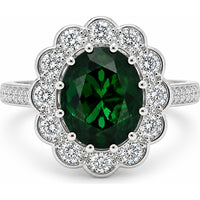 14K White Gold Vintage-Inspired Floral Halo Ring with Oval Green Tourmaline and Round Diamonds - 4.95 Carat Green Tourmaline and 1.50 Carat Total Diamond Weight by Auriventus