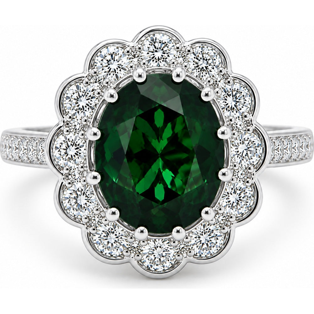 14K White Gold Vintage-Inspired Floral Halo Ring with Oval Green Tourmaline and Round Diamonds - 4.95 Carat Green Tourmaline and 1.50 Carat Total Diamond Weight by Auriventus