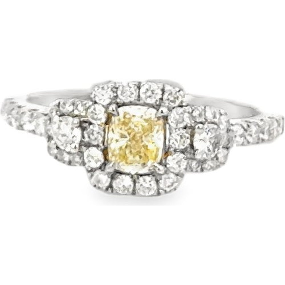14K White Gold Vintage-Inspired Halo Fashion Ring with Cushion Cut Yellow Diamond and Round White Diamonds - 1.00 Carat Total Diamond Weight by Auriventus