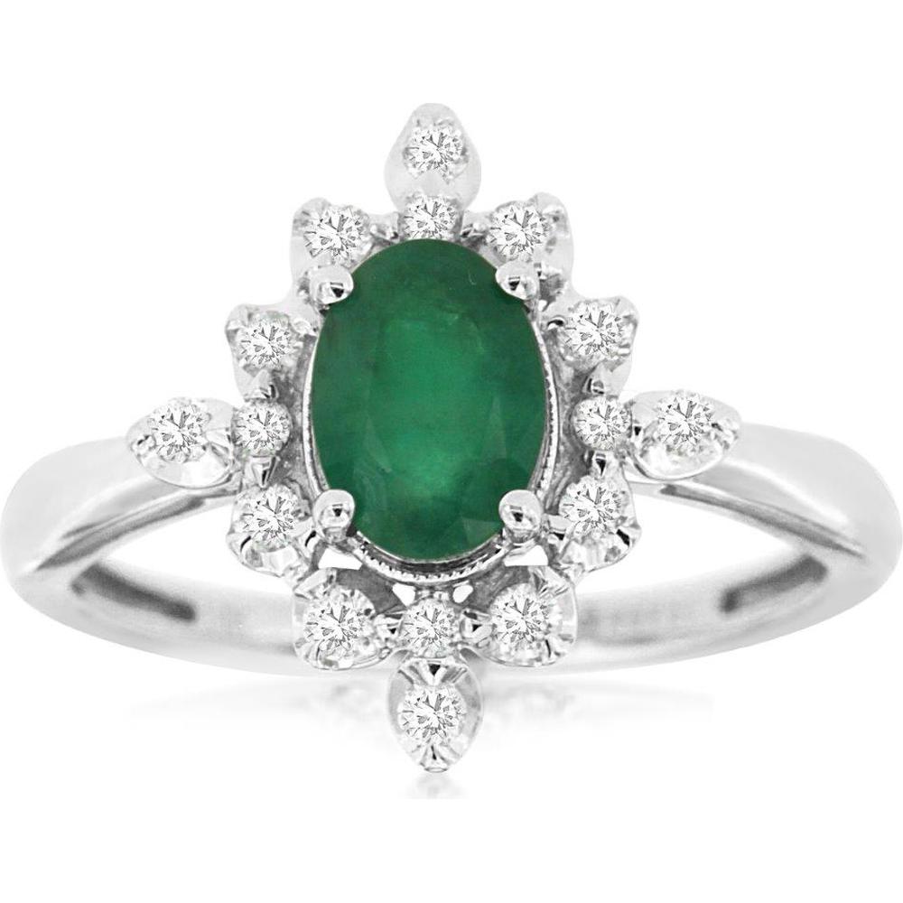 14K White Gold Vintage-Inspired Halo Ring with 0.75 Carat Oval Emerald and 0.25 Carat Round Diamonds with Milgrain Detail - Royal Jewelry