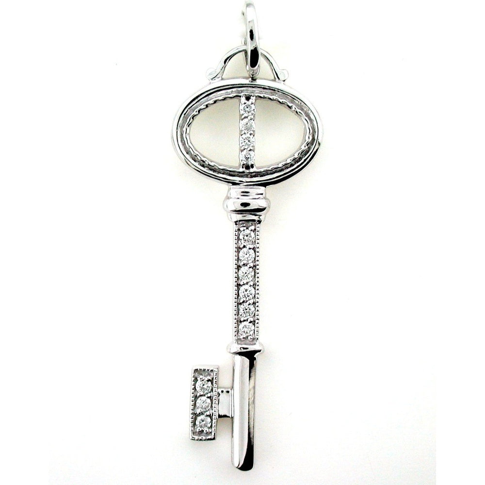 14K White Gold Vintage Inspired Key Pendant with Prong Set Round Diamonds - 0.23 Carat Total Diamond Weight by Auriventus