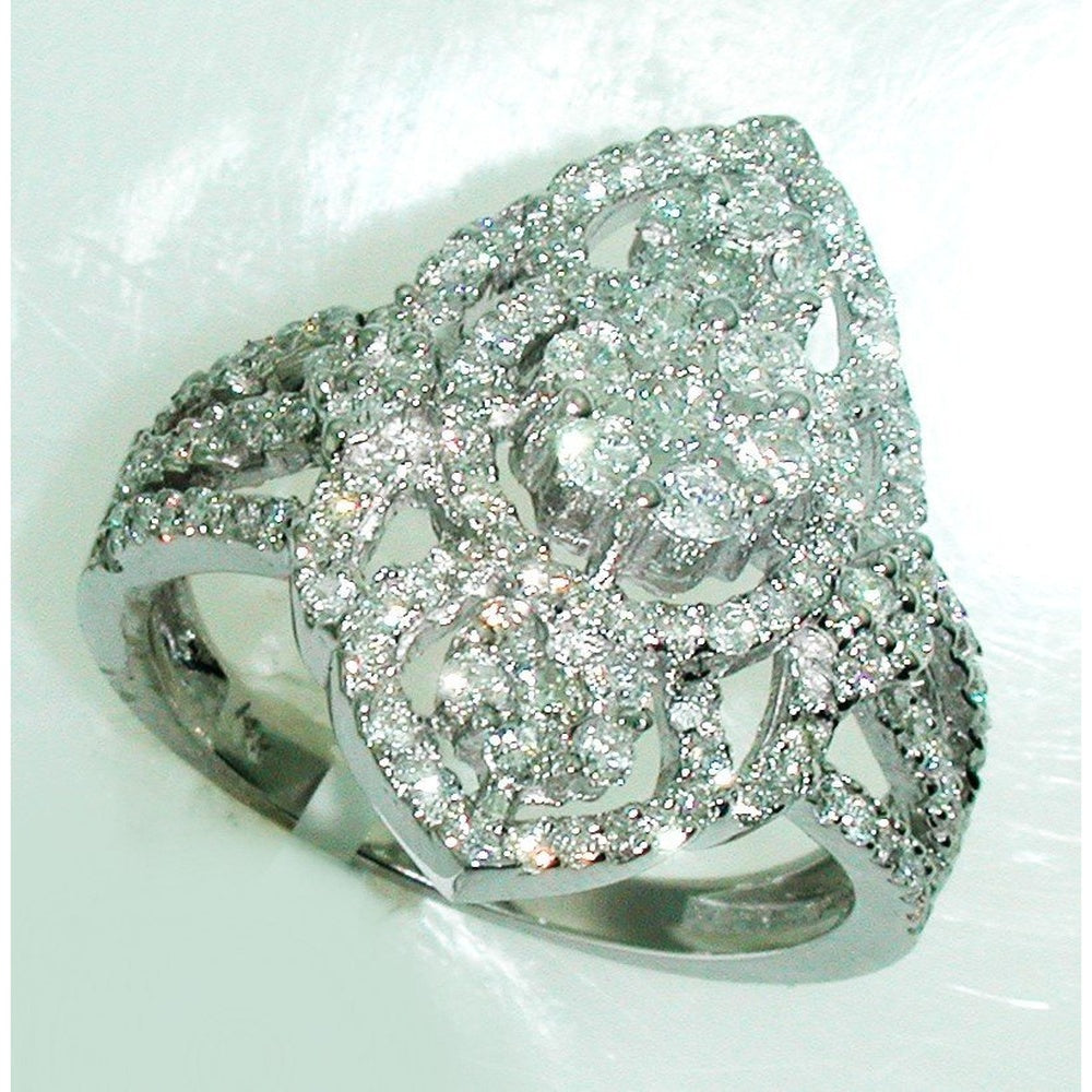 14K White Gold Vintage-Inspired Openwork Fashion Ring with Prong Set Round Diamonds - 1.37 Carat Total Diamond Weight by Auriventus