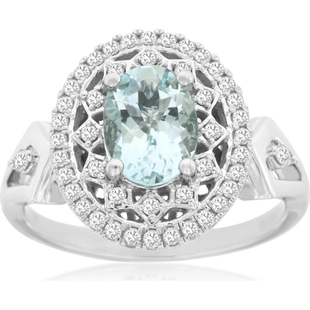 14K White Gold Vintage-Inspired Oval Aquamarine and Diamond Halo Ring with Milgrain Detail - 1.10 Carat Aquamarine, 0.30 Carat Total Diamond Weight - Royal Jewelry