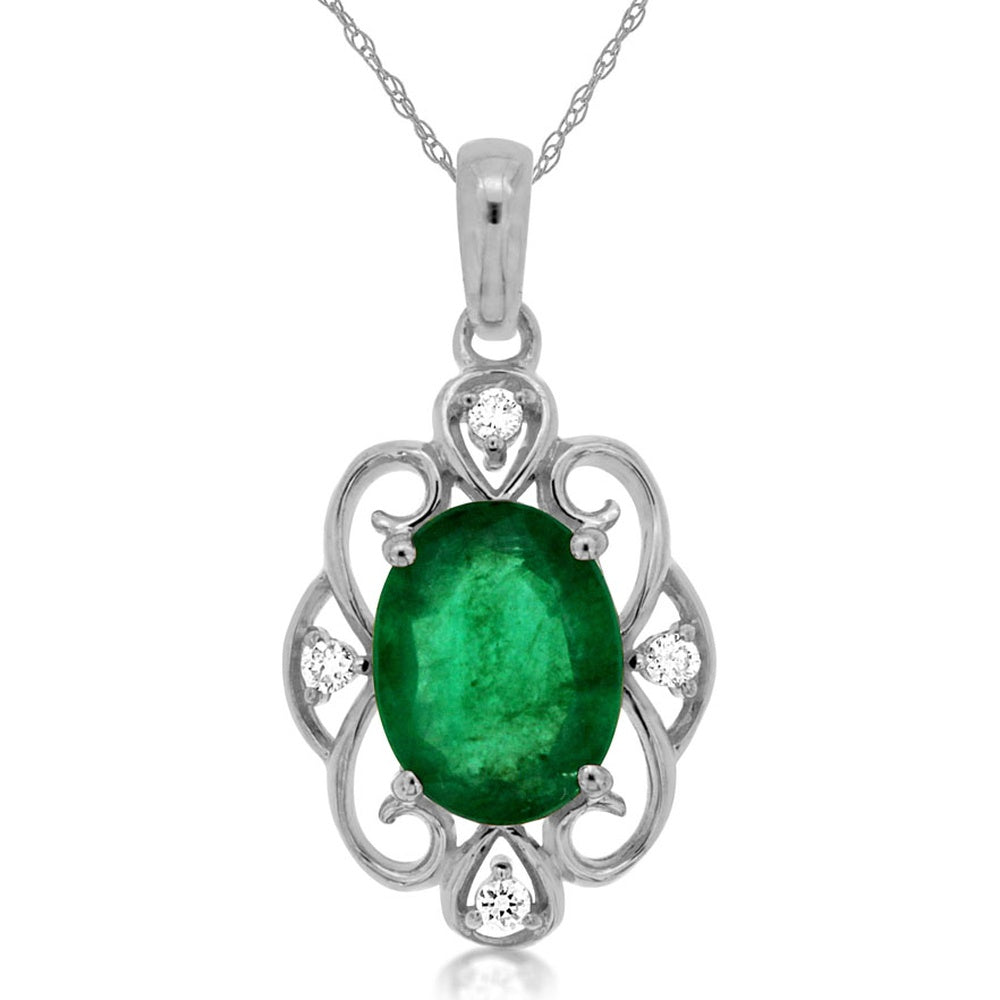 14K White Gold Vintage-Inspired Oval Emerald Pendant with 4 Round Diamond Accents - 1.10 Carat Emerald and 0.04 Carat Total Diamond Weight - Royal Jewelry