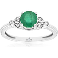 14K White Gold Vintage-Inspired Oval Emerald Ring with Milgrain Detailed Diamond Accents - 0.76 Carat Emerald and 0.05 Carat Total Diamond Weight - Royal Jewelry