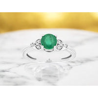 14K White Gold Vintage-Inspired Oval Emerald Ring with Milgrain Detailed Diamond Accents - 0.76 Carat Emerald and 0.05 Carat Total Diamond Weight - Royal Jewelry