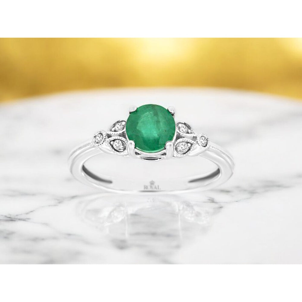 14K White Gold Vintage-Inspired Oval Emerald Ring with Milgrain Detailed Diamond Accents - 0.76 Carat Emerald and 0.05 Carat Total Diamond Weight - Royal Jewelry