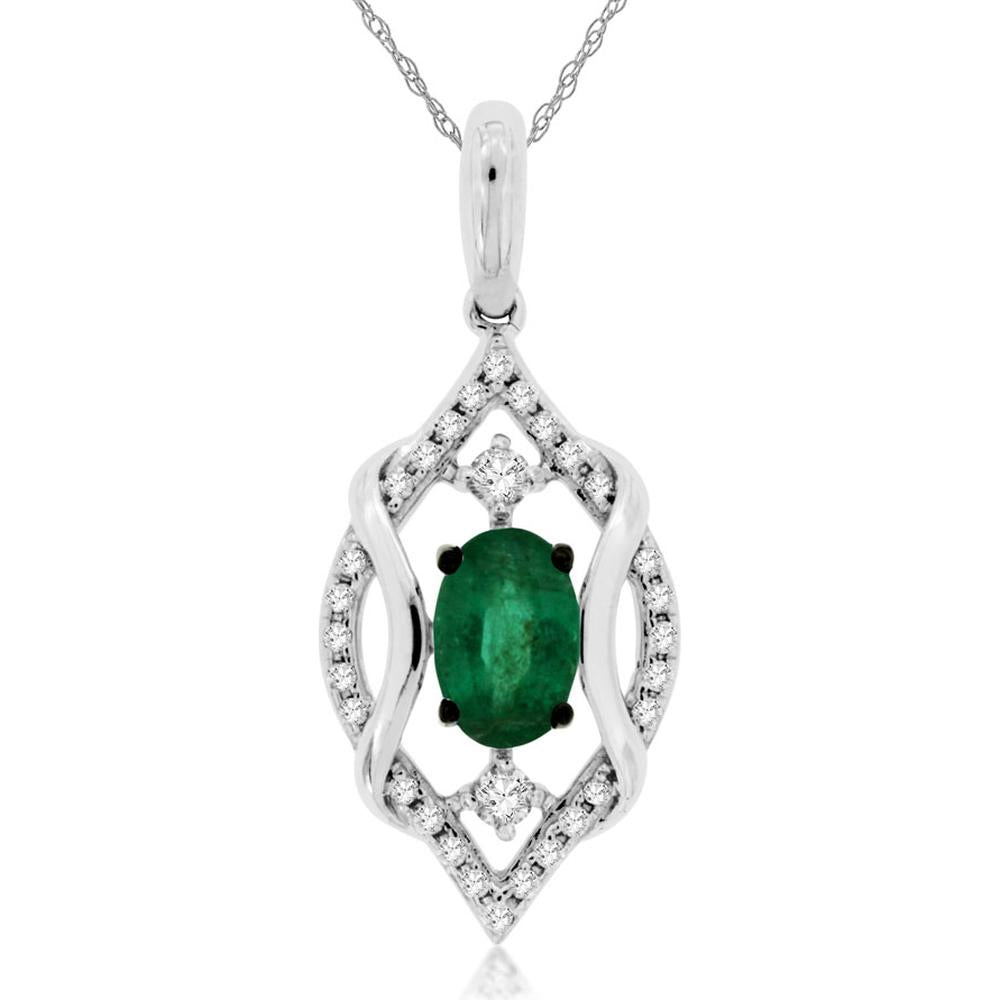 14K White Gold Vintage-Inspired Pendant with 0.44 Carat Oval Emerald and 0.12 Carat Pavé Set Round Diamonds - Royal Jewelry