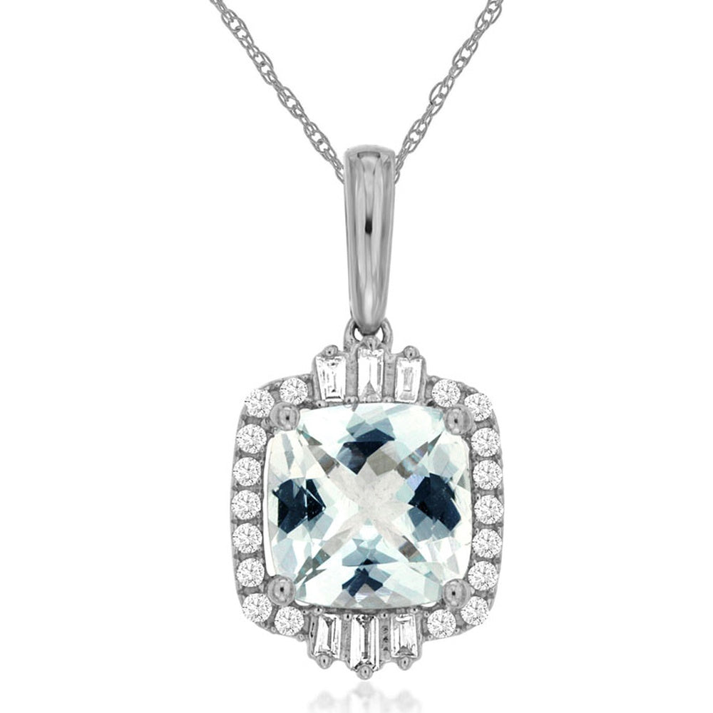 14K White Gold Vintage Inspired Pendant with Cushion Cut Aquamarine and Baguette & Round Diamond Halo - 1.90 Carat Aquamarine and 0.18 Carat Total Diamond Weight - Royal Jewelry
