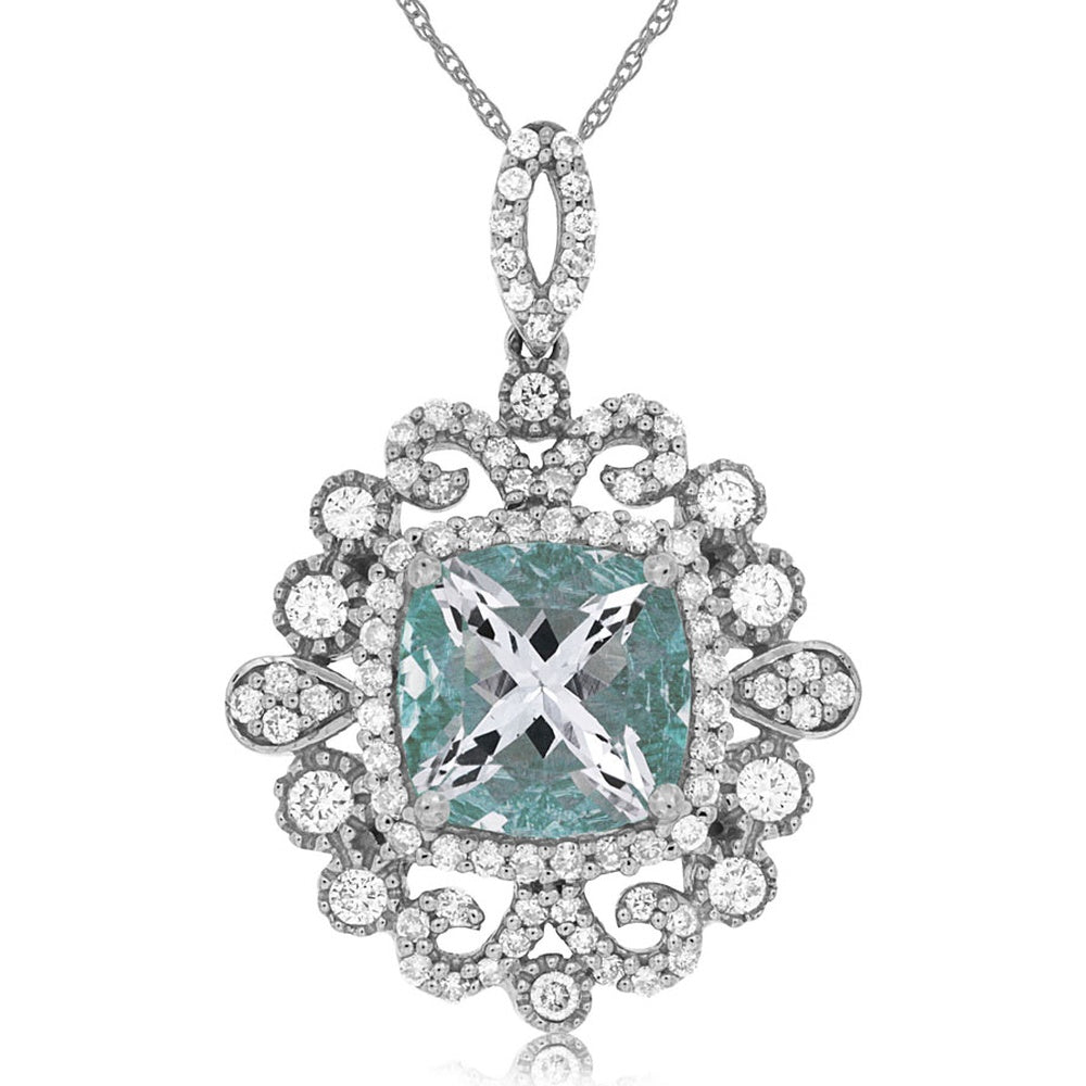 14K White Gold Vintage-Inspired Pendant with Cushion Cut Aquamarine and Diamond Halo - 1.90 Carat Aquamarine and 0.57 Carat Total Diamond Weight - Royal Jewelry