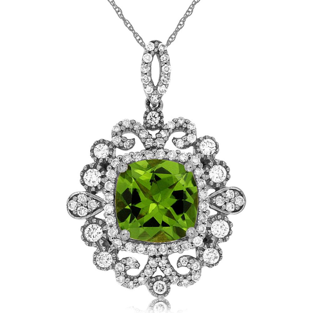 14K White Gold Vintage-Inspired Pendant with Cushion Cut Peridot and Diamond Halo Accents - 2.10 Carat Peridot, 0.57 Carat Total Diamond Weight - Royal Jewelry