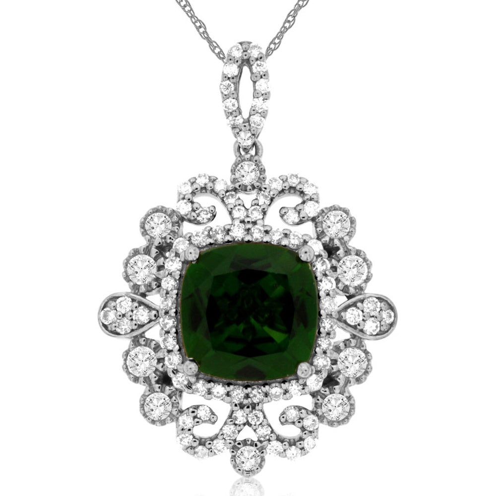 14K White Gold Vintage-Inspired Pendant with Cushion-Cut Russalite and Diamond Halo - 2.15 Carat Russalite and 0.57 Carat Total Diamond Weight - Royal Jewelry
