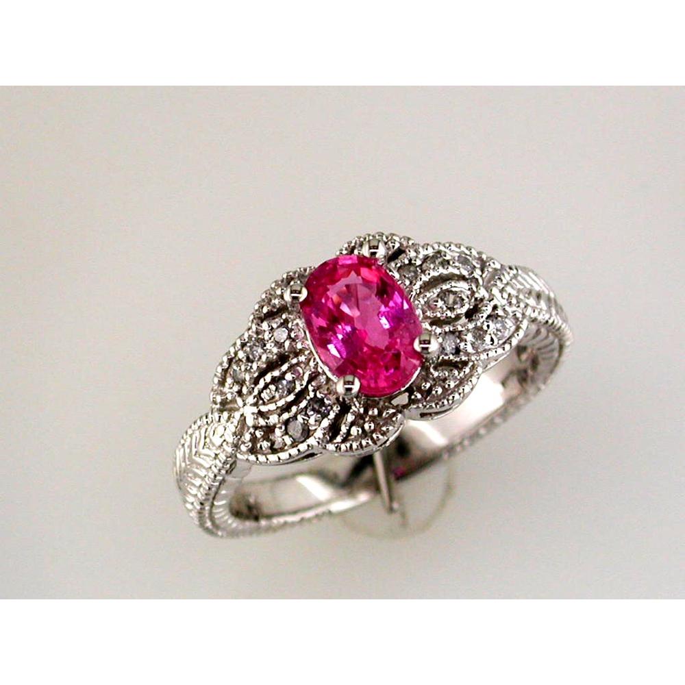 14K White Gold Vintage-Inspired Pink Sapphire & Diamond Ring with Milgrain Detail - 0.95 Carat Oval Pink Sapphire and 0.14 Carat Round Diamonds - Royal Jewelry