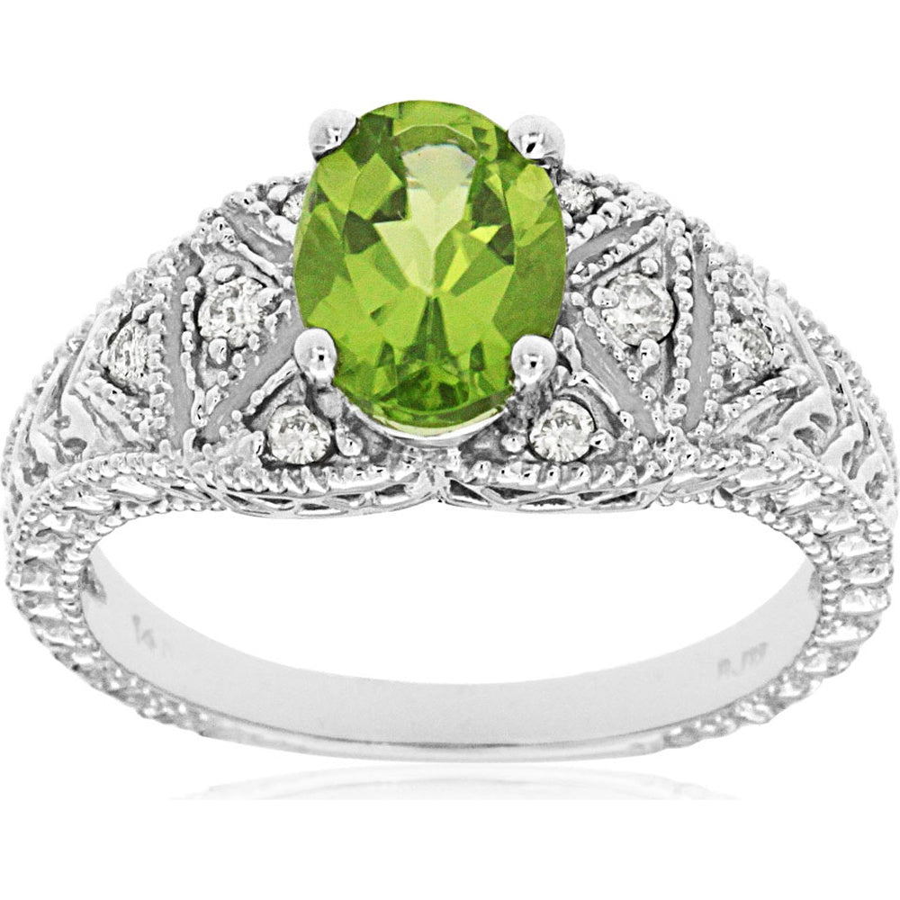 14K White Gold Vintage-Inspired Ring with Oval Peridot and Milgrain Diamond Accents - 1.25 Carat Peridot and 0.14 Carat Total Diamond Weight - Royal Jewelry