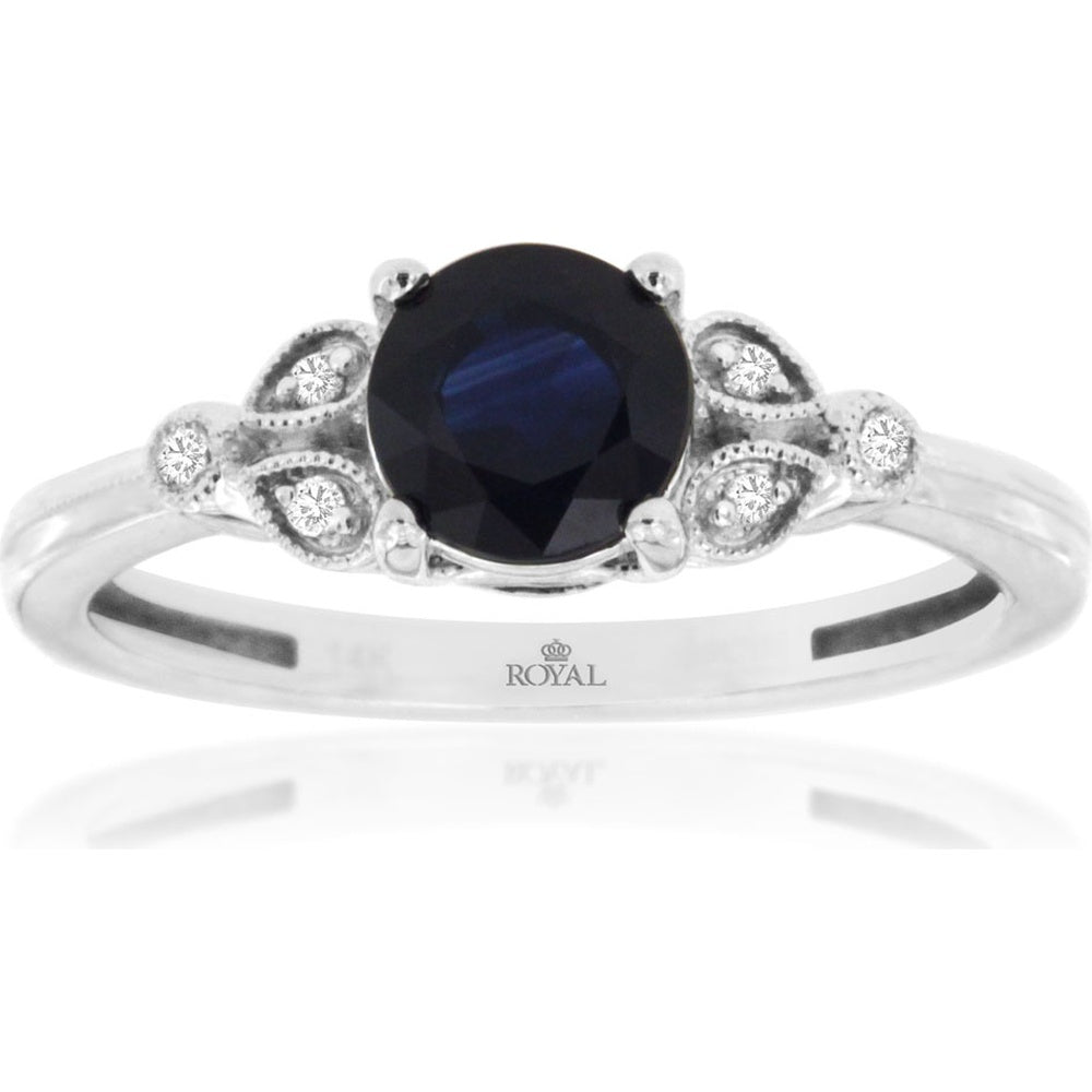 14K White Gold Vintage-Inspired Ring with Round Sapphire and Milgrain Diamond Accents - 1.10 Carat Sapphire and 0.05 Carat Total Diamond Weight - Royal Jewelry