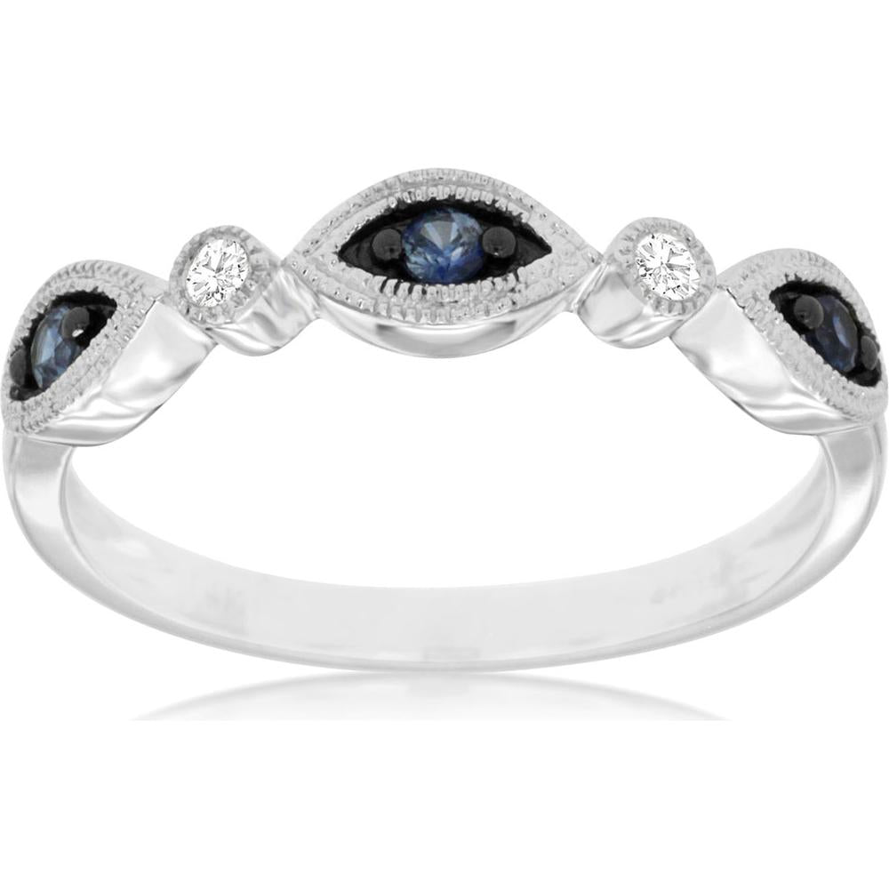 14K White Gold Vintage Inspired Sapphire and Diamond Motif Ring with Round Sapphires - 0.14 Carat Total Sapphire Weight and 0.04 Carat Total Diamond Weight - Royal Jewelry