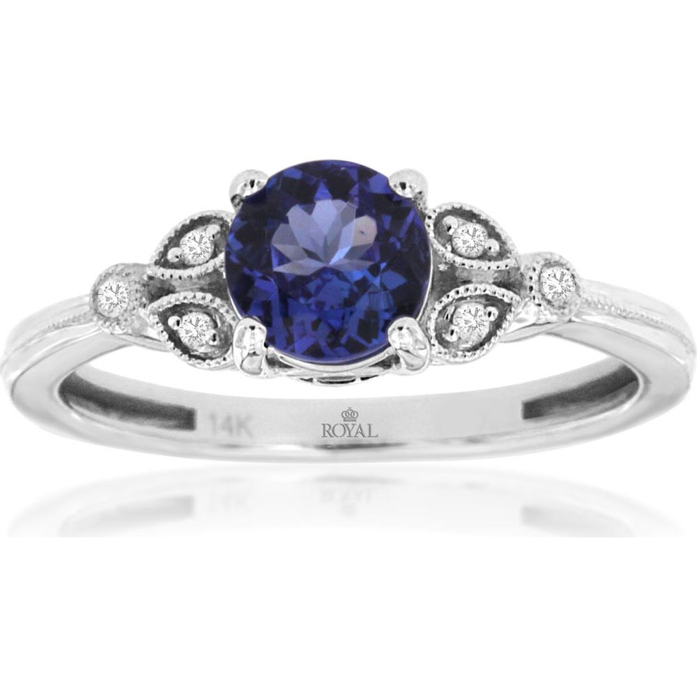 14K White Gold Vintage Milgrain Ring with 1.00 Carat Round Tanzanite and 0.05 Carat Diamond Accents - Royal Jewelry