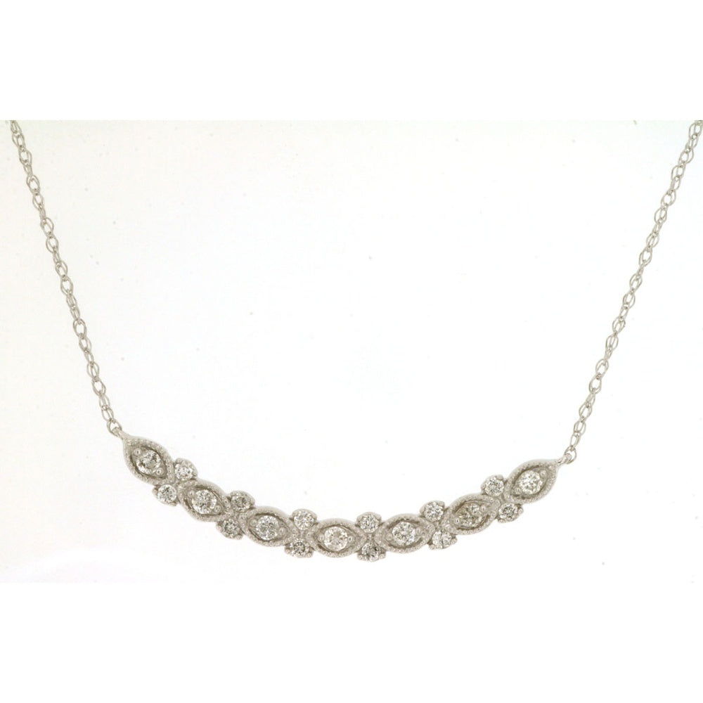 14K White Gold Vintage Milgrain Station Necklace with Marquise and Round Diamonds - 0.21 Carat Total Diamond Weight - Royal Jewelry