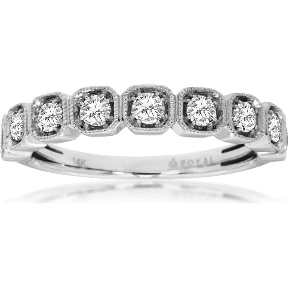 14K White Gold Vintage Milgrain Wedding Band with Seven Round Brilliant Cut Diamonds - 0.50 Carat Total Diamond Weight - Royal Jewelry