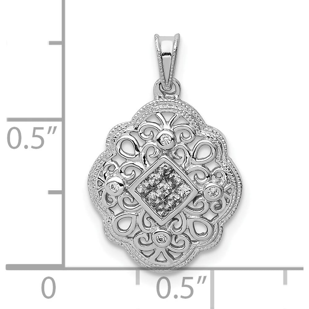 14K White Gold Vintage Pendant with Square and Round Diamonds - 0.14 Carat Total Diamond Weight by Monteluci Fine Jewelry