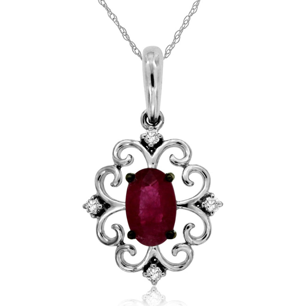 14K White Gold Vintage Scrollwork Pendant with 0.55 Carat Oval Ruby and 0.04 Carat Diamond Accents - Royal Jewelry