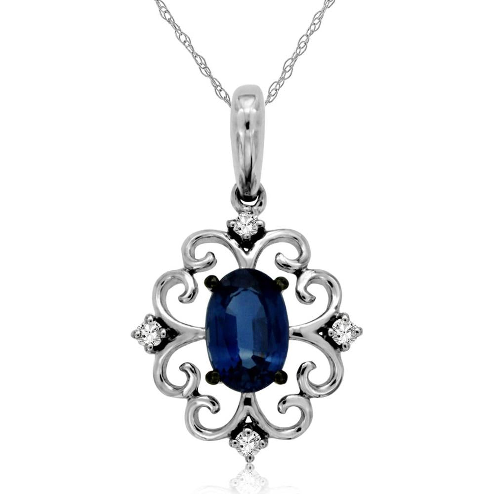 14K White Gold Vintage Scrollwork Pendant with 0.65 Carat Oval Sapphire and 0.04 Carat Diamond Accents - Royal Jewelry