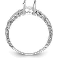 14K White Gold Vintage-Style Ring Mounting with Milgrain Leaf Detailing for 7x5mm Emerald-Cut Gemstone and 0.04 Carat Diamond Accents by Monteluci Fine Jewelry