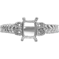 14K White Gold Vintage-Style Ring Mounting with Milgrain Leaf Detailing for 7x5mm Emerald-Cut Gemstone and 0.04 Carat Diamond Accents by Monteluci Fine Jewelry