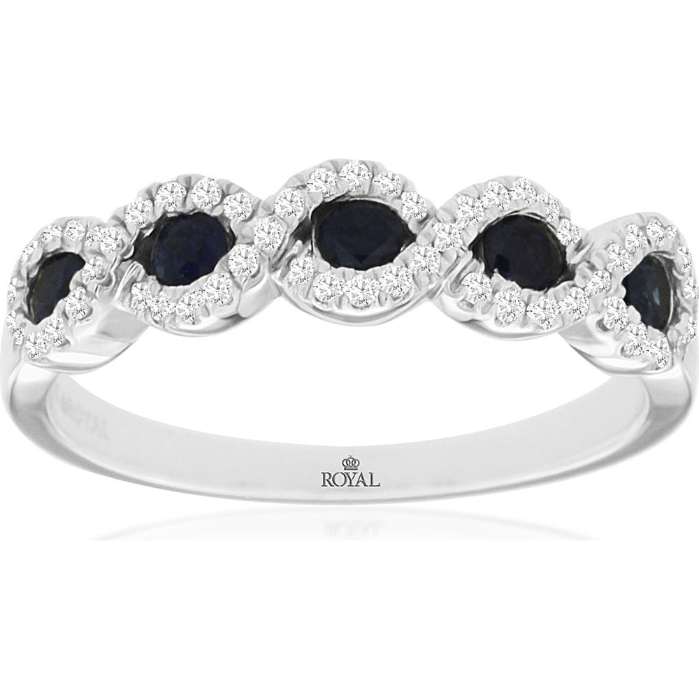 14K White Gold Wave Halo Ring with Round Sapphires and Diamonds - 0.35 Carat Sapphire and 0.20 Carat Diamond Total Weight - Royal Jewelry