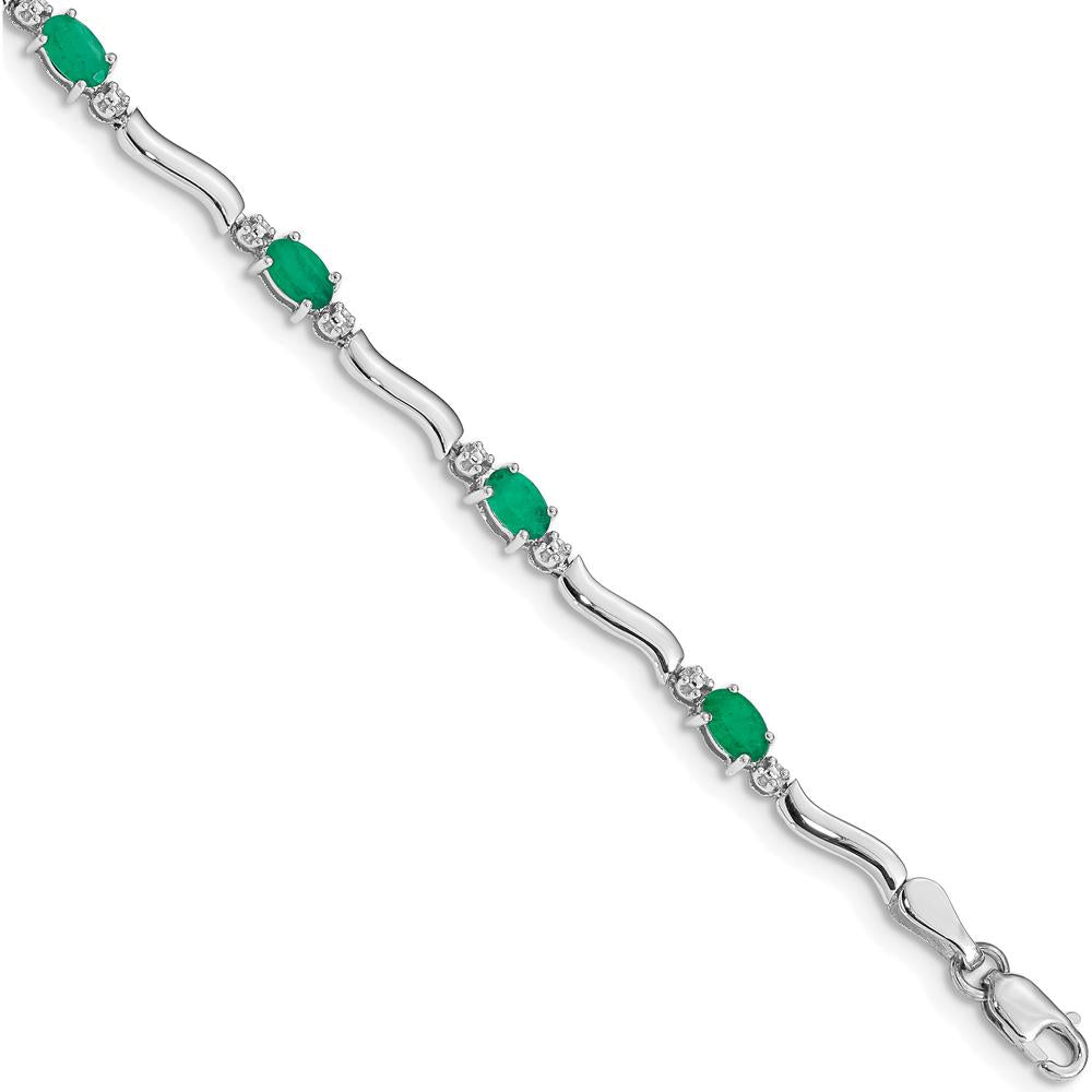 14K White Gold Wavy Link Bracelet with Oval Emeralds and Diamonds - 0.305 Carats Total Emerald Weight by Monteluci Fine Jewelry