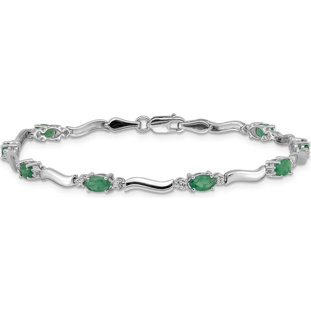 14K White Gold Wavy Link Bracelet with Oval Emeralds and Diamonds - 0.305 Carats Total Emerald Weight by Monteluci Fine Jewelry