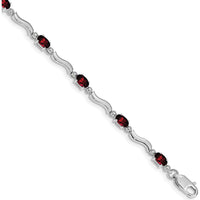 14K White Gold Wavy Link Bracelet with Oval Garnet and Round Diamonds - 0.30 Carats Total Garnet Weight, 0.01 Carats Total Diamond Weight by Oro Pregiato
