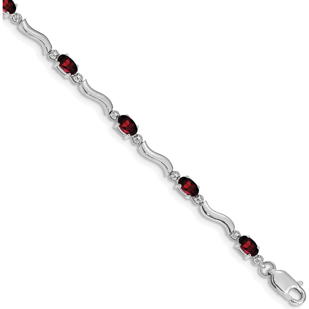 14K White Gold Wavy Link Bracelet with Oval Garnet and Round Diamonds - 0.30 Carats Total Garnet Weight, 0.01 Carats Total Diamond Weight by Oro Pregiato