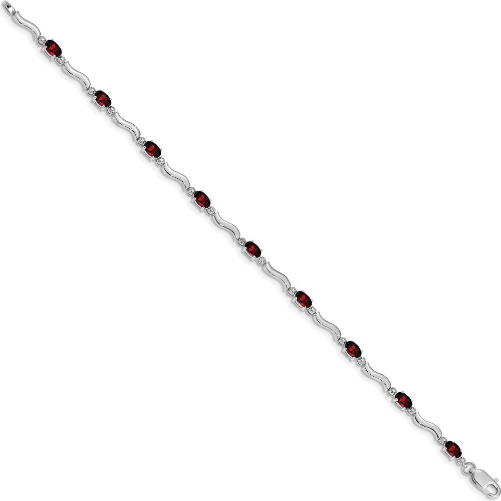 14K White Gold Wavy Link Bracelet with Oval Garnet and Round Diamonds - 0.30 Carats Total Garnet Weight, 0.01 Carats Total Diamond Weight by Oro Pregiato