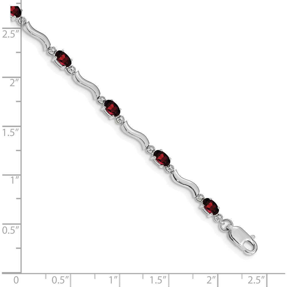 14K White Gold Wavy Link Bracelet with Oval Garnet and Round Diamonds - 0.30 Carats Total Garnet Weight, 0.01 Carats Total Diamond Weight by Oro Pregiato
