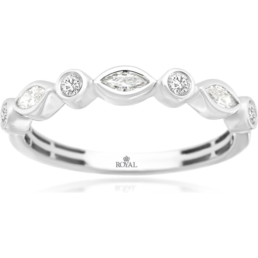 14K White Gold Wedding Band with Alternating Bezel-Set Marquise and Round Diamonds - 0.30 Carat Total Diamond Weight - Royal Jewelry