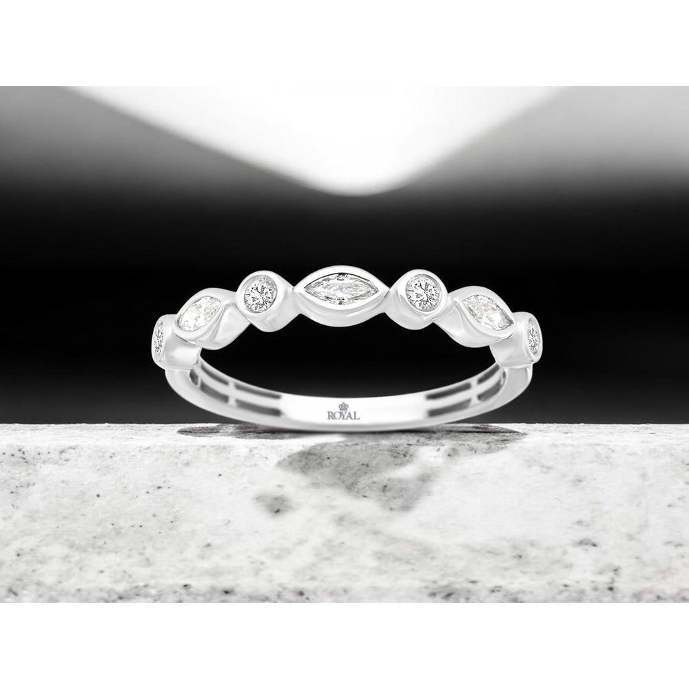 14K White Gold Wedding Band with Alternating Bezel-Set Marquise and Round Diamonds - 0.30 Carat Total Diamond Weight - Royal Jewelry