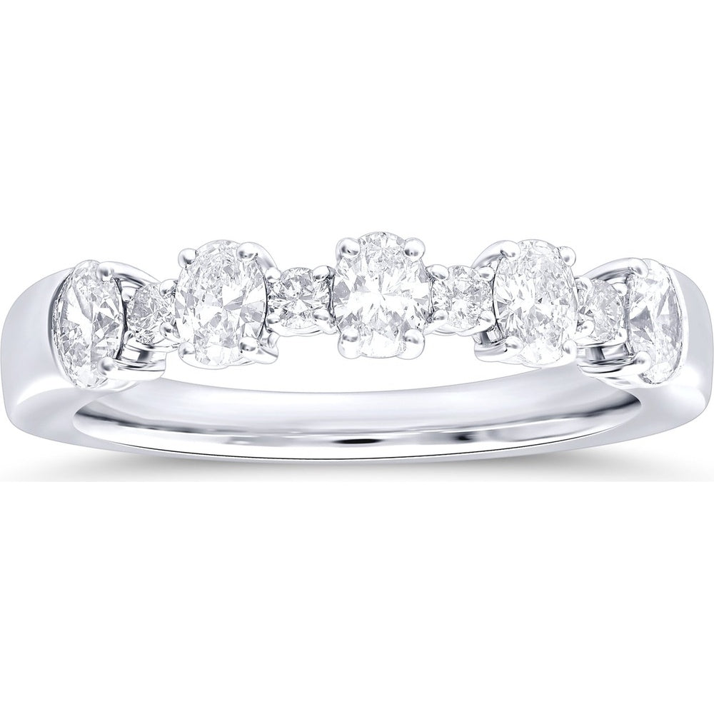 14K White Gold Wedding Band with Alternating Round and Oval Prong-Set Diamonds - 0.90 Carat Total Diamond Weight by Auriventus
